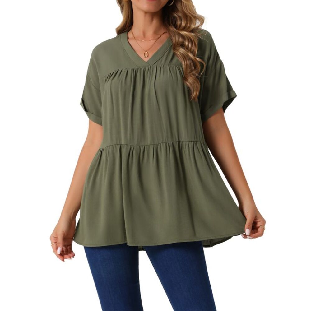 Summer Babydoll Casual V Neck Short Sleeve Peplum Blouse Tunics Army Green